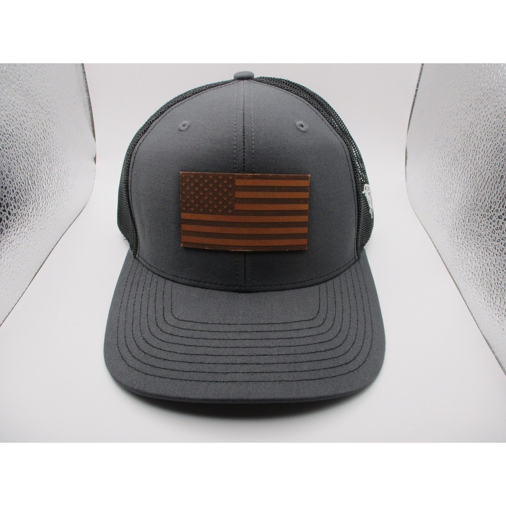 Richardson 112 Trucker Hat Charcoal Gray Leather‎ American Flag Patch Snapback